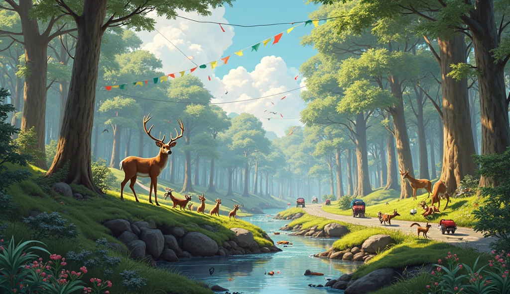 A futuristic forest racetrack filled with animals watching, banners in the trees, and a winding path through hills and rivers."