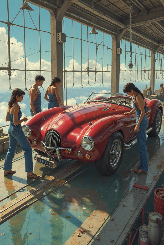 famous artwork, masterful digital art by alejandro burdisio, highly detailed and realistic, retro-futurism inspired by 1950s pin-up art with a dieselpunk and a latin american urban aesthetic, inside a floating car repair shop suspended high above the planet, a team of stunningly gorgeous latina mechanics with 1950s hairstyles, dressed in sexy blue jeans overalls, are at work piecing together a bizarre flying contraption, with perfect hands they are expertly assembling a magnificent fusion of an elegant, awe-inspiring burgundy vintage sports car and highly futuristic alien technology,