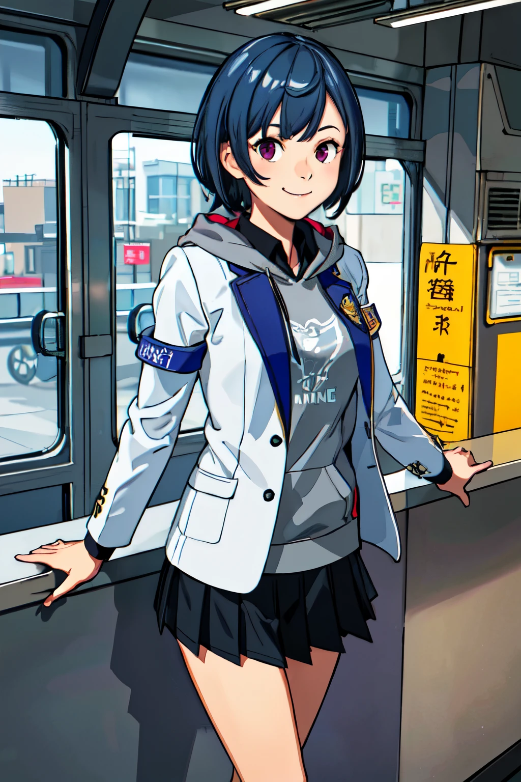 ((best quality, masterpiece, extremely detailed)), 1girl, smiling, solo, grey hoodie, fang, blue hair, skin fang, blazer, short hair, white jacket, mole on thigh, bangs, black skirt, hair behind ear, black socks, collared shirt, purple eyes, pleated skirt, armband, hair ornament, medium breasts, subway, platform