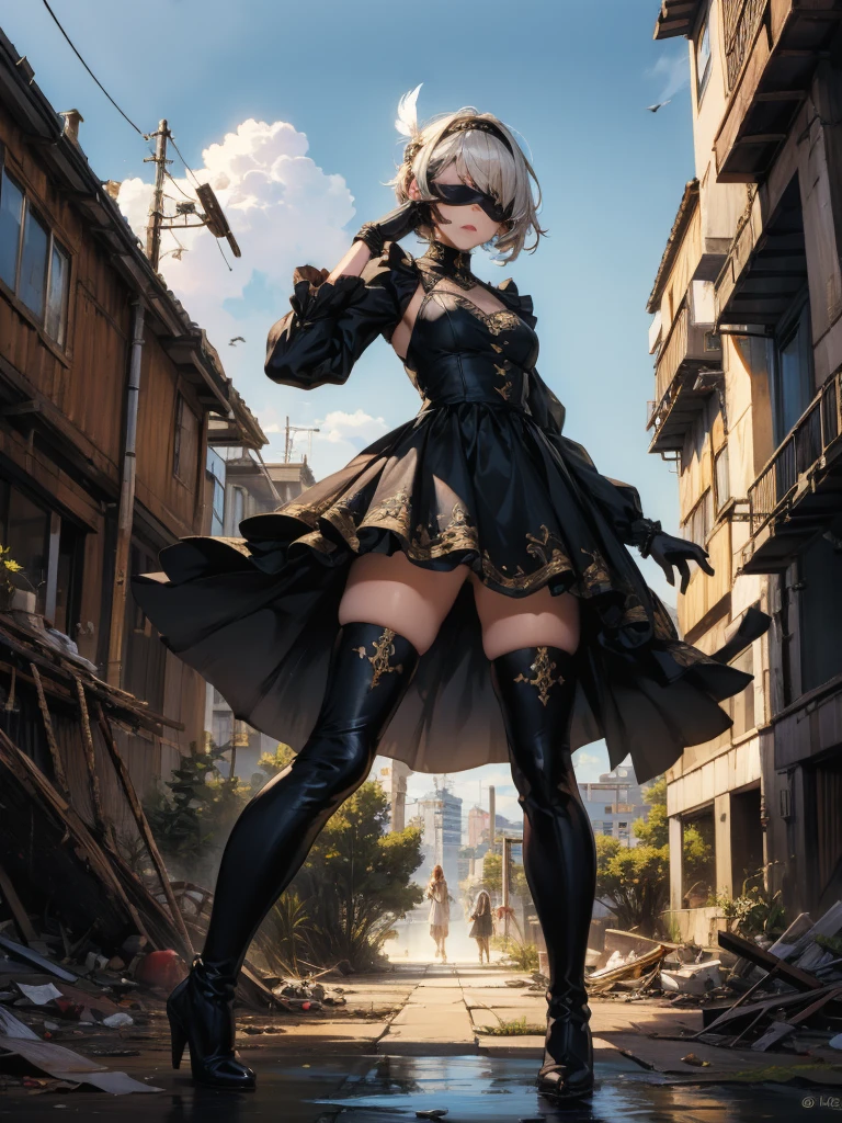 nier、NieR: Automata、Desolate Earth、The battle is on the ground、NULL中戦、hacking、「yorha(yorha)force」、Combat type YoRHa aircraft。He specializes in melee attacks using sword fighting.、Can also handle long-distance attacks using Under。He has a calm and collected personality.、Also, due to the discipline of YoRHaforce, they tend not to show their emotions.。Therefore、Although it seems cold at first glance、I treat my colleagues with consideration and compassion.。Automatic humanoid、big tits milf、big tits milf、big milf、Action RPG released by Square Enix。YoRHa is different.。2 type b、1 girl、disorganized、Black blindfold、Black dress、黒いhair band、blindfold、青NULL、boots、building、City、cloud、covered eyes、Debris、dress、Feather ornamentの袖、Feather ornament、from below、gloves、Grass、hair band、high heels boots、high heels、high resolution、Juliet Sleeve、katana、leather、leather boots、long sleeve、nier \(series\)、NieR: Automata、outdoor、overgrown、Under \(NieR: Automata\)、Post-Apocalypse、Water puddle、puffy sleeves、rubble、Remains、landscape、NULL、thigh high boots、thigh high socks、bootsの下のthigh high socks、water