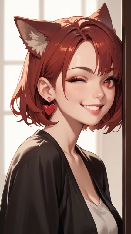1 girl, solo, high resolution, Look at the heart , smile, red eyes, accessories, earrings,  quick, red hair, Bob,Little Devil,wolf ears,winks next door