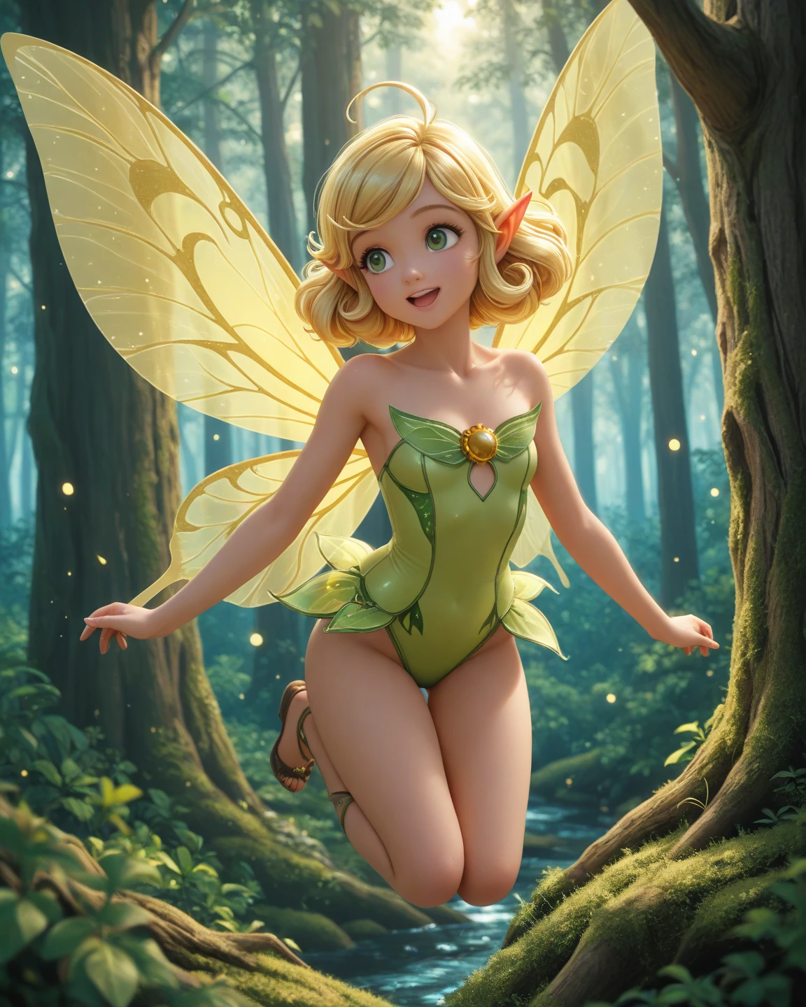 (Full body photo:1.7), (One/TinkerBellWaifu/Woman/with transparent fairy wings:1.5), (Big breasts:1.7), (Wearing fairy costume made of green leaves/leather belt at waist:1.3), (Looking at the viewer/smiling:1.3), (She's inside a magical castle:1.5), (She has fulfilled blonde hair stuck with leaf clip: 1.5), (dark blue eyes: 1.5), (extremely tight/extremely transparent costume: 1.7), (doing sensual standing poses: 1.2), (award-winning, UHD, anime, high detail, 16k, high quality, masterpiece)