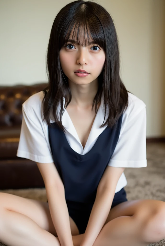 (((8K、High resolution、Highest quality、High resolution)))alone、Natural body shape、White skin、Natural Makeup、Black Hair、bangs、Straight Long Hair、、((High School Uniform)) 、((Beige cardigan、white collared long sleeve blouse))、((Red Plaid Pleated Skirt))、(red school ribbon)、、(Big Breasts:1.3)、((The upper body is wearing a uniform))、(((((Looking into the camera)))))、(((Head to shin portrait)))、(((Exposing thighs)))、Bedroom、On the bed、Sit with your legs apart、((Focus on the crotch))、White socks