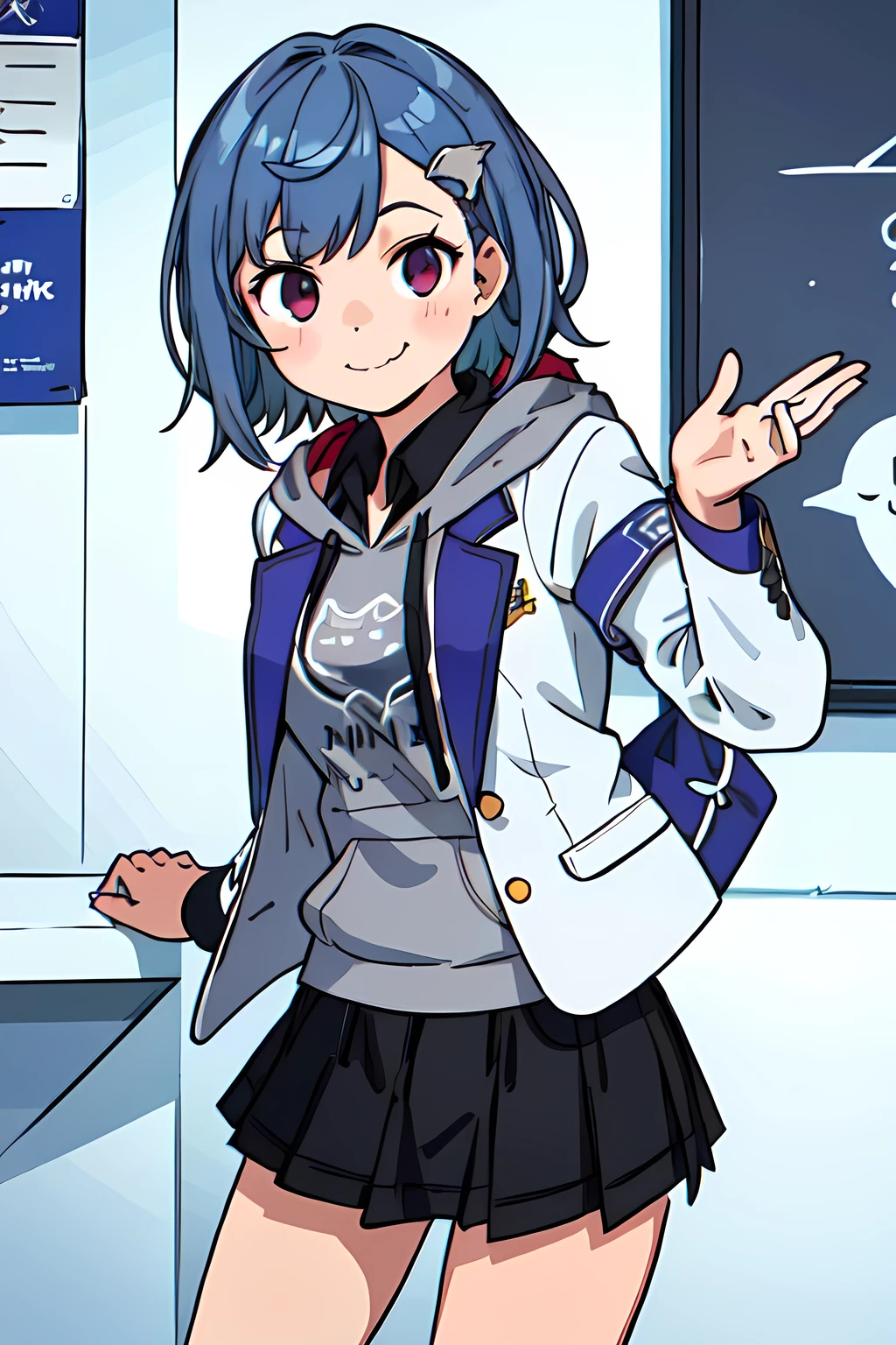 ((best quality, masterpiece, extremely detailed)), 1girl, smiling, solo, grey hoodie, fang, blue hair, skin fang, blazer, short hair, white jacket, mole on thigh, bangs, black skirt, hair behind ear, black socks, collared shirt, purple eyes, pleated skirt, armband, hair ornament, medium breasts, subway, platform