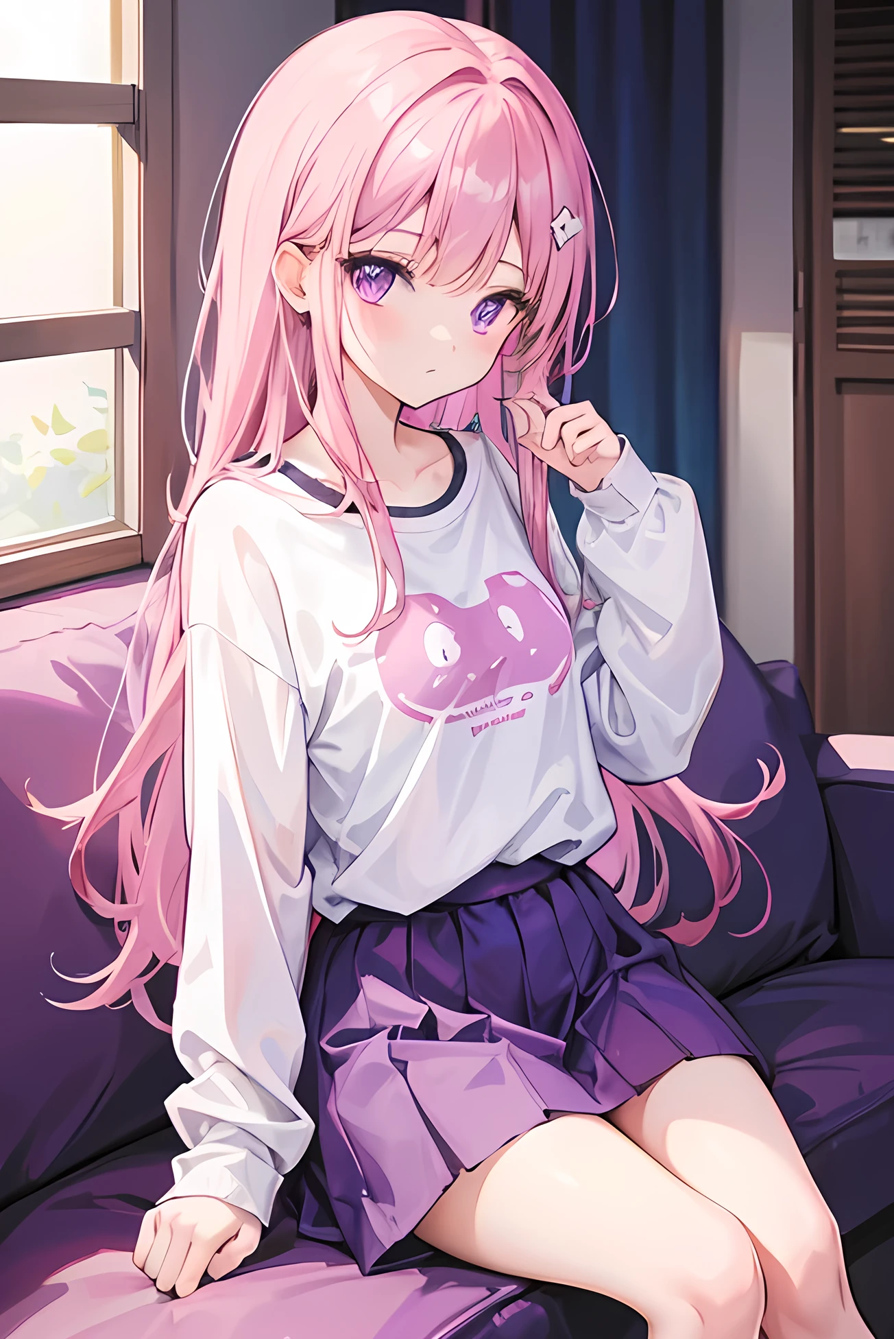 long pink shirt with a kitten drawn on it, no pants with panties showing, long pink hair,short girl, little tits, lying on the sofa with a sexy pose, holding the Smartphone