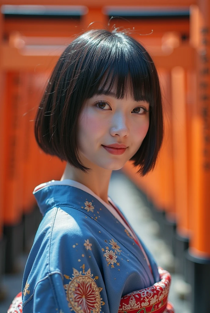 (top quality,4K,8k,high resolution,masterpiece:1.2),very detailed,(realistic,photorealistic,photo-realistic:1.37),Maiko,（full body）、Textured Straight Ultra Short Bob Haircut、Nipples、 small 、frosty gaze with a happy face、perfect anatomy、depth of field、blue kimono with mandala、Kyoto、Thousand Torii Gates、colorful、Black and White