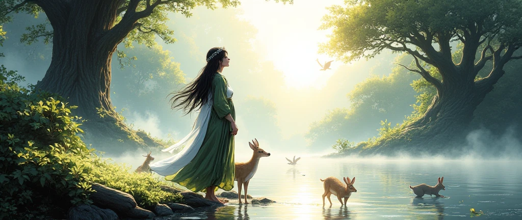 a serene black-haired elf druid standing calmly and looking directly forward, long straight hair flowing with gentle wind, wearing a simple yet elegant robe woven from leaves and natural fabrics, soft green and earth-tone palette, a circlet of silver branches on her forehead, glowing softly with ethereal light, delicate vines curling around her arms and shoulders, forest animals resting nearby (a fawn, a rabbit, small birds), background of a sun-dappled glade with soft mist and ancient trees, watercolor and soft pencil texture, fantasy art, peaceful and dreamlike atmosphere, 3:2 aspect ratio, framed like a tarot card