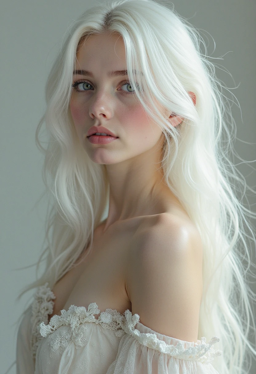 Masterpiece, (Abbey Lee Kershaw :1.1), analog style, model shoot style, (slender slim body, full body shot:1.2), photo of a Australian girl, 1girl, (albino girl, very pale skin, long white hair:1.2), shiny body, smile, cute thin face, perfect thin face, realistic detailed eyes, (photo by lee jeffries, greg rutkowski and magali villanueve), octane,