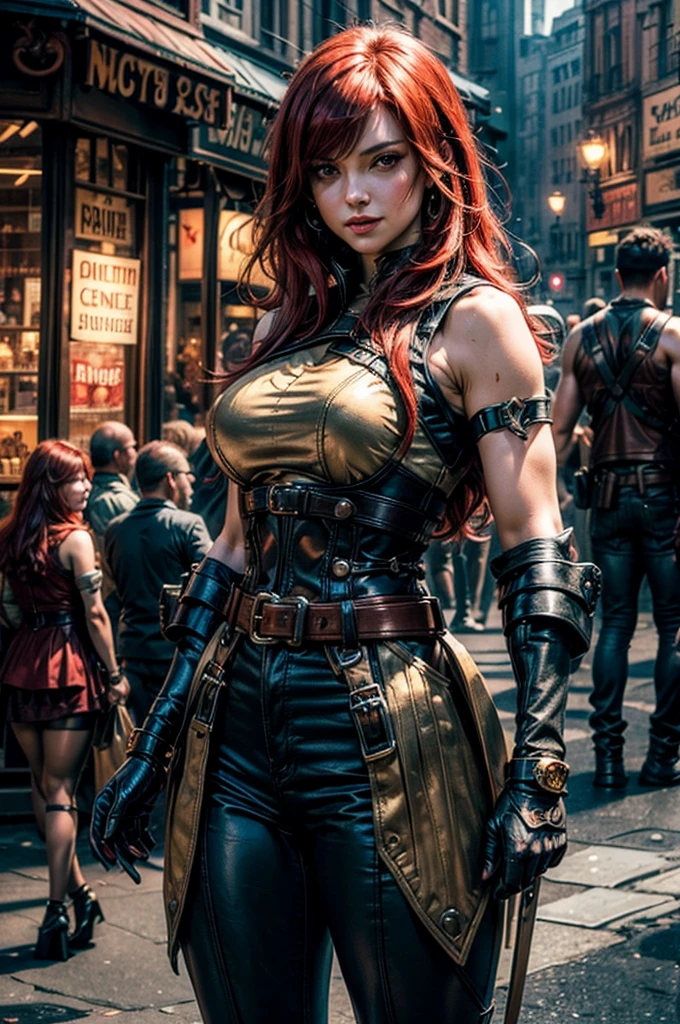 masterpiece, best quality, highres, erza scarlet, fairy tail, smile, long hair , red hair , hair over one eye , brown eyes , large breasts , black cropped t-shirt, black leggings, leather corset, gauntlets, decorated leg plates , brown elbow-pads, ((short red hooded sleeveless jacket with gold details)), shoulder armor, straps, holding weapon, lance, standing in busy  dieselpunk city , city center, 1950's design cars, crowd in dieselpunk fashions,   cowboy shot, looking at viewer, masterpiece,stunning girlfriend, heart shaped face, elegant face, beautiful face, highly detailed face, highly detailed skin, skin pores, subsurface scattering, realistic pupils, looking at viewer, full lips, detailed background, depth of field, atmospheric perspective, volumetric lighting, sharp focus, absurdres, realistic proportions, good anatomy, (realistic, hyperrealistic:1.4), 16k hdr,