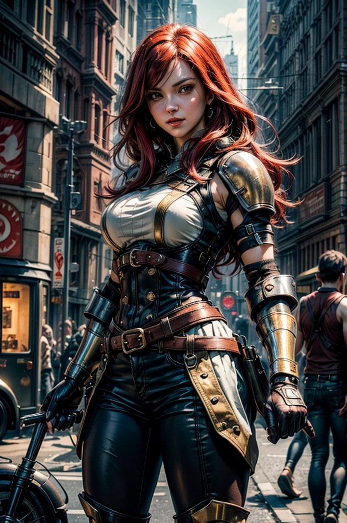 masterpiece, best quality, highres, erza scarlet, fairy tail, smile, long hair , red hair , hair over one eye , brown eyes , large breasts , black cropped t-shirt, black leggings, leather corset, gauntlets, decorated leg plates , brown elbow-pads, ((short red hooded sleeveless jacket with gold details)), shoulder armor, straps, holding weapon, lance, standing in busy  dieselpunk city , city center, 1950's design cars, crowd in dieselpunk fashions,   cowboy shot, looking at viewer, masterpiece,stunning girlfriend, heart shaped face, elegant face, beautiful face, highly detailed face, highly detailed skin, skin pores, subsurface scattering, realistic pupils, looking at viewer, full lips, detailed background, depth of field, atmospheric perspective, volumetric lighting, sharp focus, absurdres, realistic proportions, good anatomy, (realistic, hyperrealistic:1.4), 16k hdr,