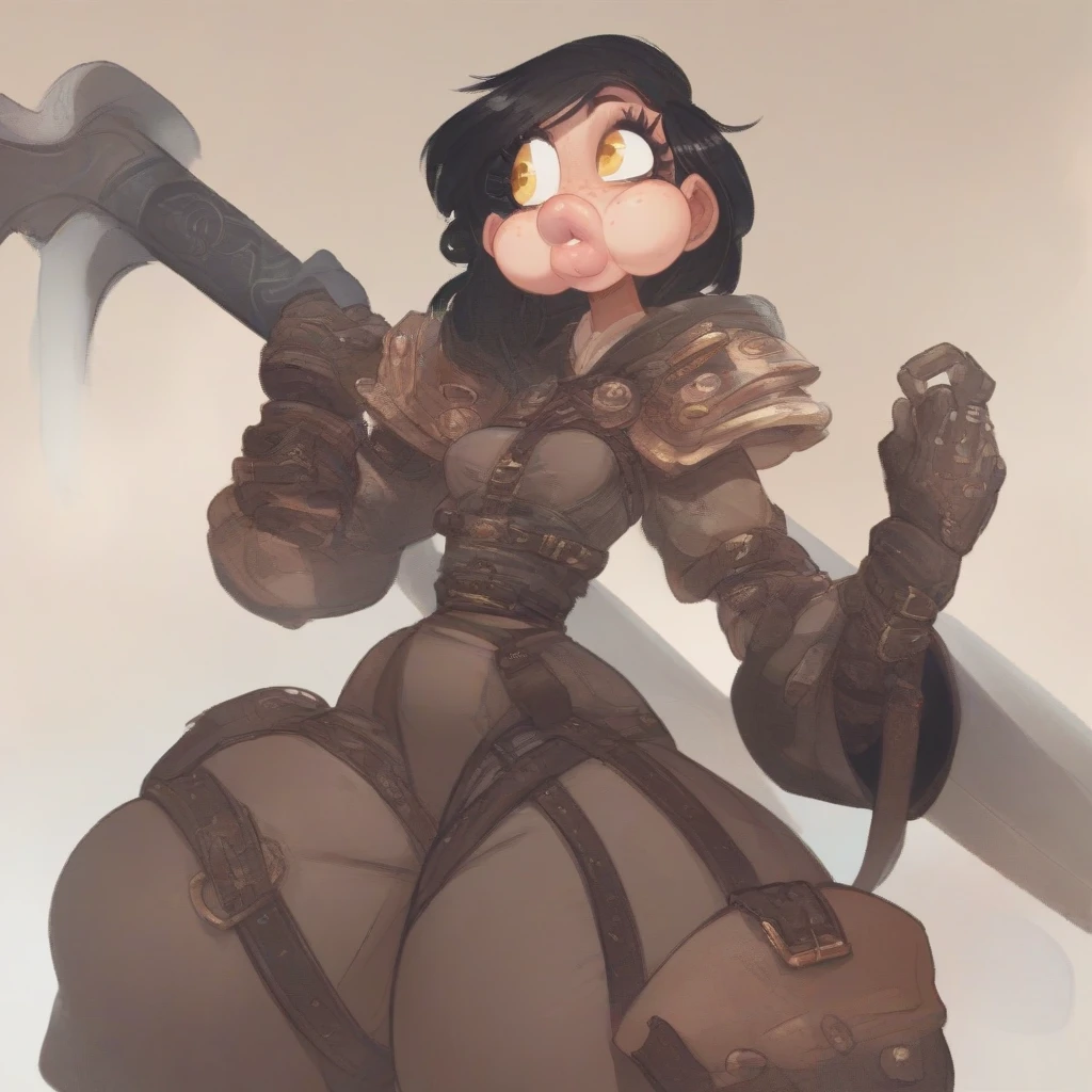 Girl, goblin girl, goblin, green skin, short, short stature,short hair, black hair, large breasts, miniskirt, latex, long gloves, thigh boots, goth, pouty lips, masterpiece, best quality, sexy, dynamic pose, 8k, shortstack, bubble butt, sfw, shiny, fantasy, dungeons and dragons, high heels, fishnets, large hammer, holding large hammer, large hammer in both hands, swinging hammer pose