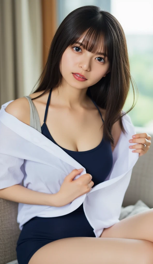 (Highest quality, 8K, masterpiece ), A 15-year-old junior high school student with a young face、Bun hairstyle:1.2、 bangs、The eyes are big and clear、Bra shows through shirt,Black Hair、Glaring、Very Short Hair、Big Breasts、bangs:0.6,Glamour thighs:1.2、Tight white training shirt、Highly detailed face, double eyelid, Strong natural light、Round face:1.2、whole body、Sexy thighs:1.2、round face:1.3、Side Angle,Diagonal horizontal angle:1.2、Tight shorts、On the bed、