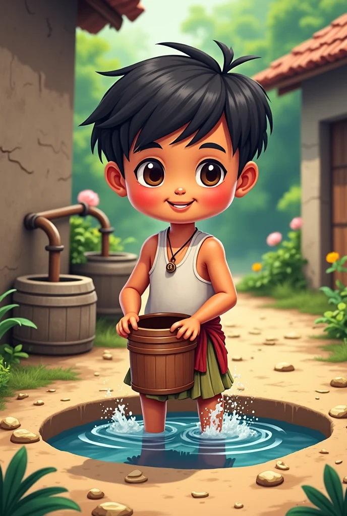 A you boy fetching water a well in a village