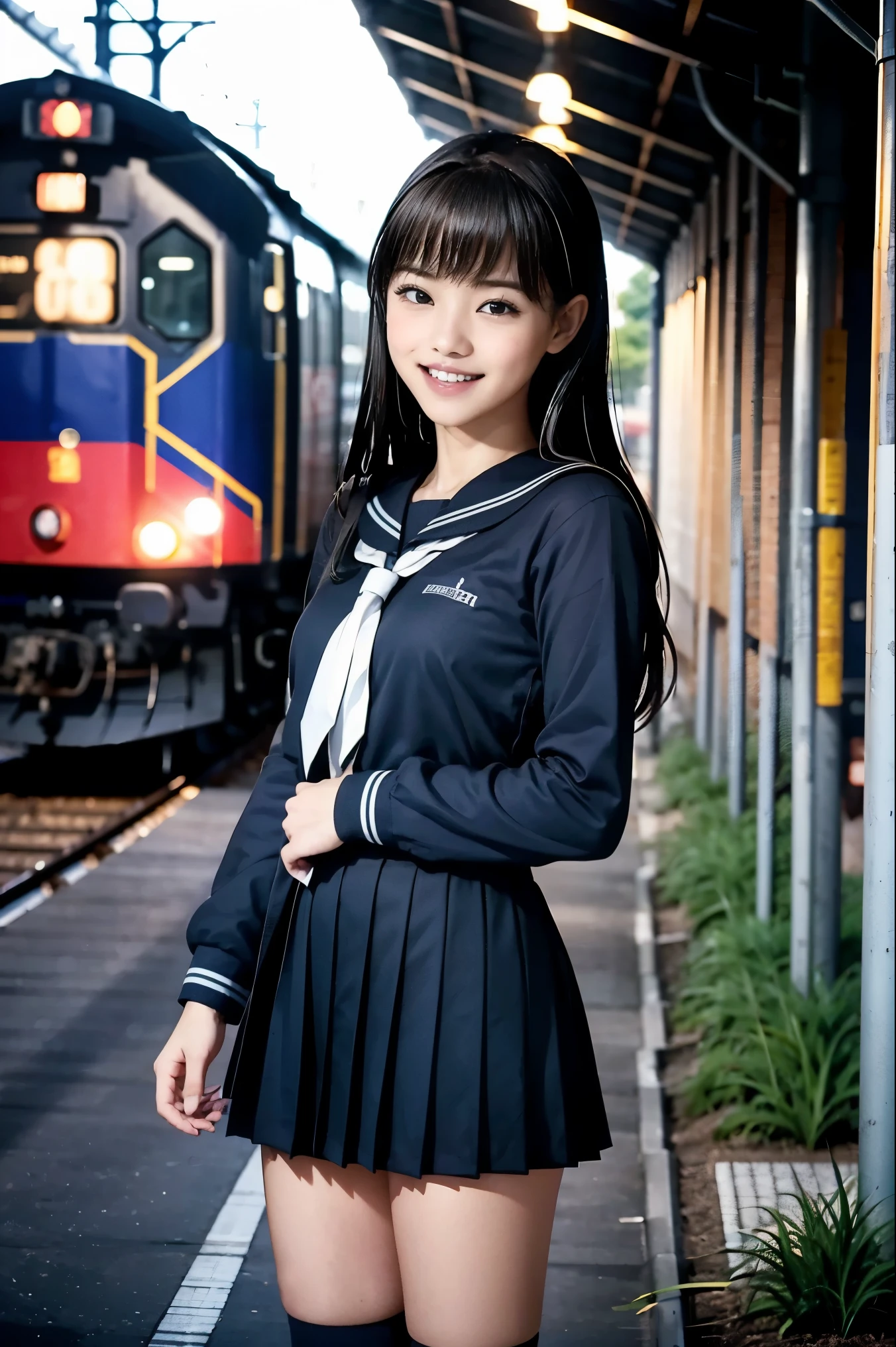 train garage、  Japanese High School Girls   ,       black hair,  black high socks,    long hair ,sailor、女子高校生のsailor服、happy smile、She's happy with her teeth、Train depot、