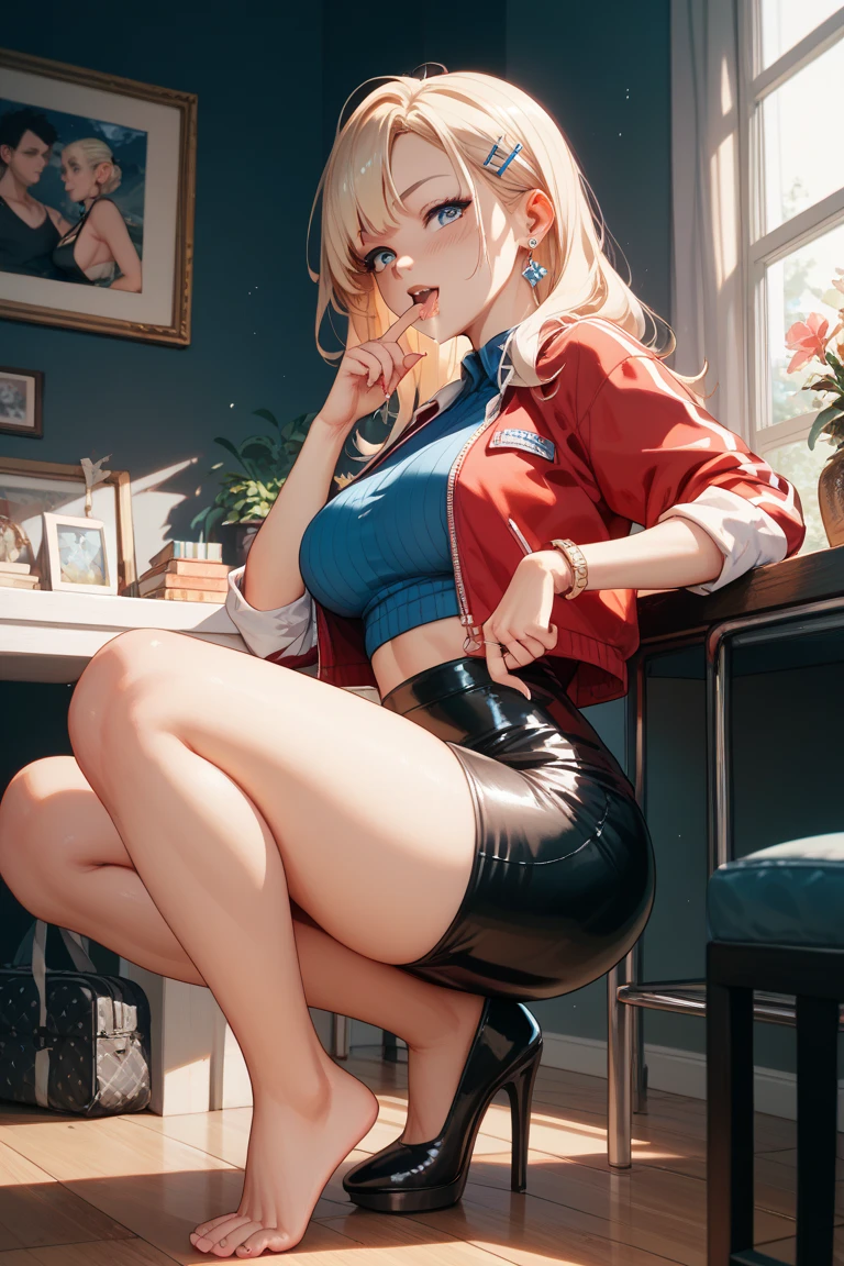 Blonde girl、短い髪,sexy,office。working on a computer。sexy
