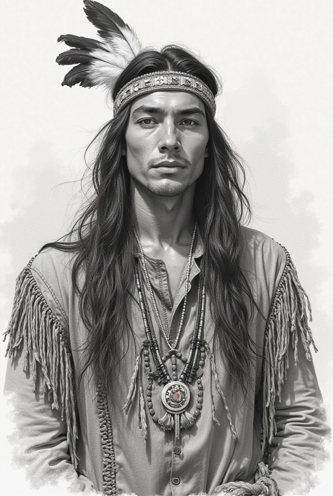 sketch of a native american 20 year old man wearing traditional clothes with long hair
