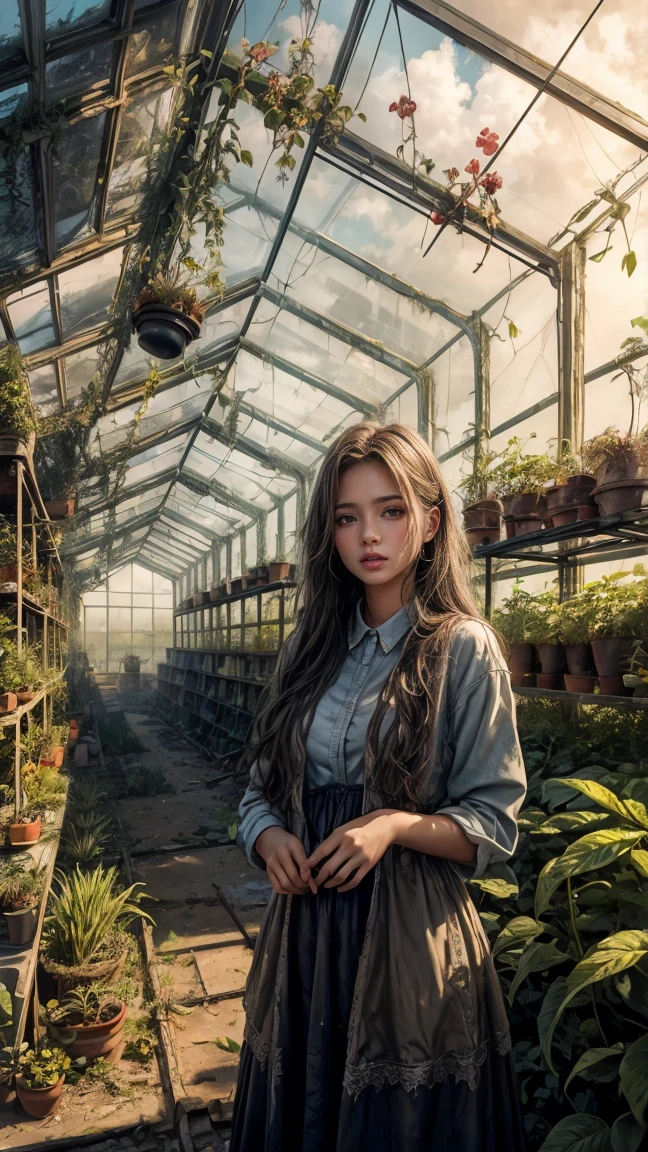 Oil painting, ((resilient)) girl tending crops inside a dilapidated tower greenhouse, surrounded by a nuclear wasteland, rays of light breaking through broken glass, delicate plants and vegetables growing in cracked soil, mechanical farming tools, haunting beauty in contrast with the devastated outside world, ominous skies, post-apocalyptic masterpiece

