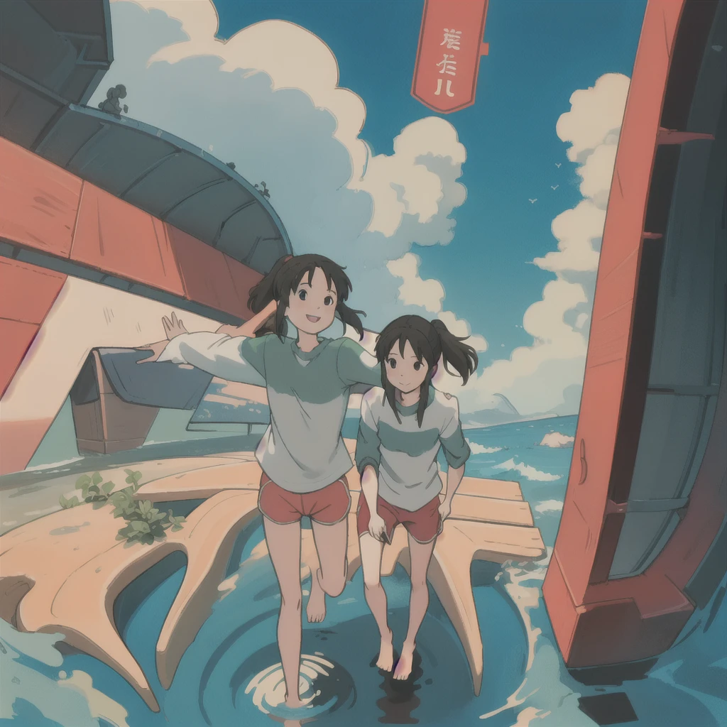 Japanese landscape, summer, nostalgic, handwritten style, sailor suit girl smiling、Azemichi、Rural Building