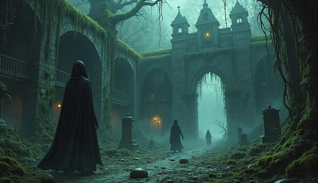 dark fantasy, ancient ruined prison, underground cave, mossy stone walls, damp atmosphere, cursed dungeon, eerie whispers, broken statues, decaying architecture, oppressive darkness, glowing eyes in the shadows, twisted roots, haunted crypt, desolate graveyard, sinister tower, heavy fog, abandoned altar, gothic horror, dark tunnels, forgotten realm