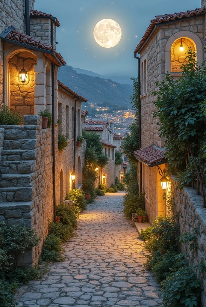Generate me a photo like the Mini Quartier d'Italie with narrow roads, but I have vegetation and light-colored stone walls, I want there to be the moon and luminous balls hanging between the two walls..And let the neighborhood be called Moon City