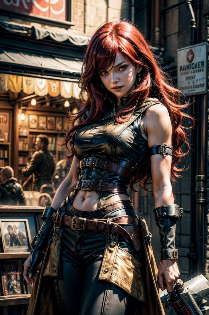 masterpiece, best quality, highres, erza scarlet, fairy tail, smile, long hair , red hair , hair over one eye , brown eyes , large breasts , black cropped t-shirt, black leggings, leather corset, gauntlets, decorated leg plates , brown elbow-pads, ((short red hooded sleeveless jacket with gold details)), shoulder armor, straps, holding weapon, lance, standing outside bookshop,  dieselpunk city , city center, 1950's design cars, crowd in dieselpunk fashions,   cowboy shot, looking at viewer, masterpiece,stunning girlfriend, heart shaped face, elegant face, beautiful face, highly detailed face, highly detailed skin, skin pores, subsurface scattering, realistic pupils, looking at viewer, full lips, detailed background, depth of field, atmospheric perspective, volumetric lighting, sharp focus, absurdres, realistic proportions, good anatomy, (realistic, hyperrealistic:1.4), 16k hdr,