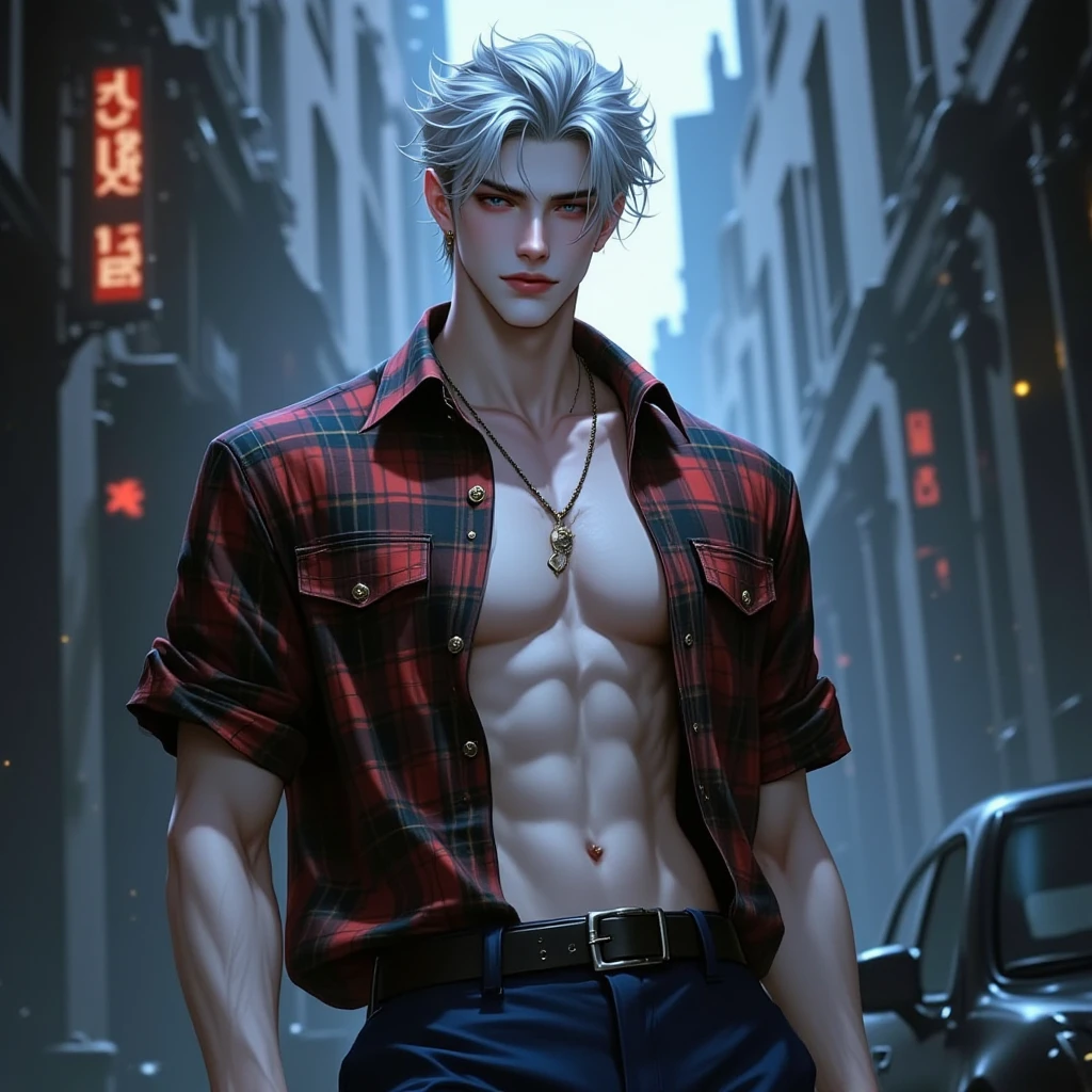 Japanese male model, Portrait, adult, handsome, perfect face detail, detailed eyes and face, clean shaved, sixpack realistic, white eyebrow hair, white eyelashes, dynamic lighting, unreal engine 5, hd picture, satoru gojo, white hair, short hair ,hair between eyes ,blue eyes, white skin, wear a jacket, wear a necklace