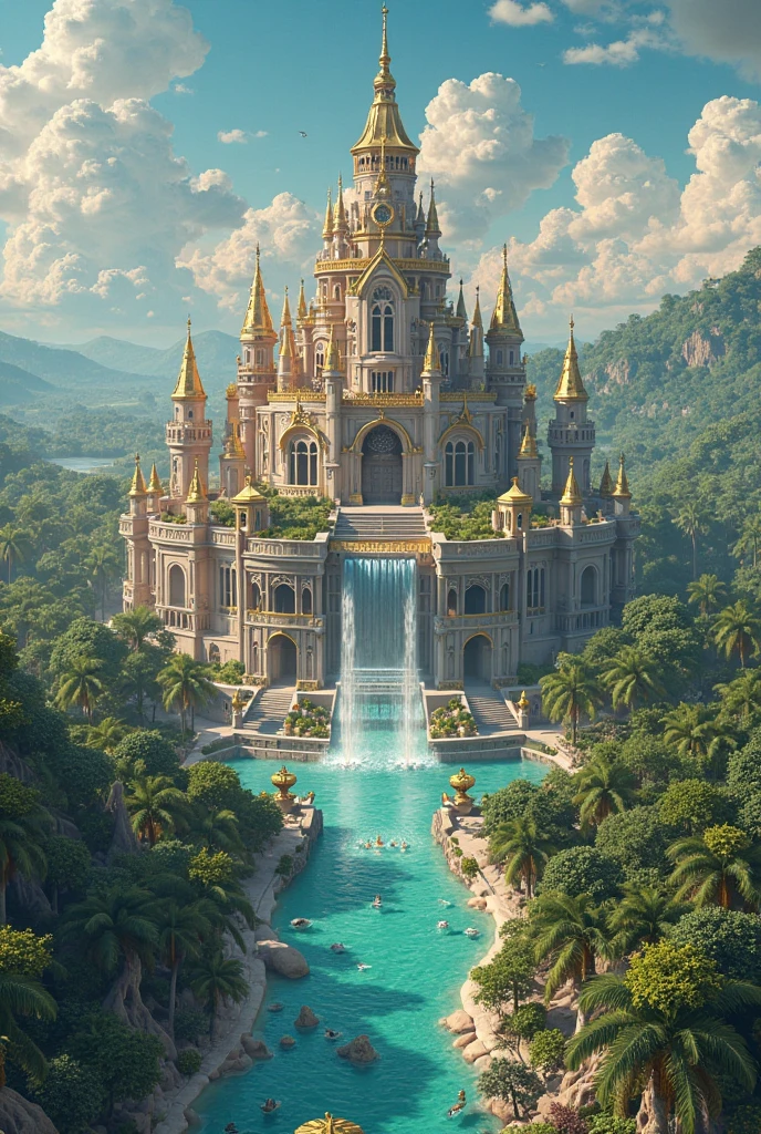 portray an incredibly majestic, huge, beautiful, beautiful and heavenly castle-palace. He is incredibly beautiful, huge и идеальный, place it in an incredibly beautiful tropical town, and the incredibly beautiful megacities of the future are on the horizon. This castle palace would be just perfect, there will be an incredible number of the most beautiful and diverse statues. The castle will be built using the most precious stones in the world:  gold, diamonds, emeralds, diamonds everywhere and more. The most beautiful and heavenly fountains will be everywhere, Statues, towers, waterfalls, gardens, parks, Houses, buildings and so much more. This castle palace will be the best