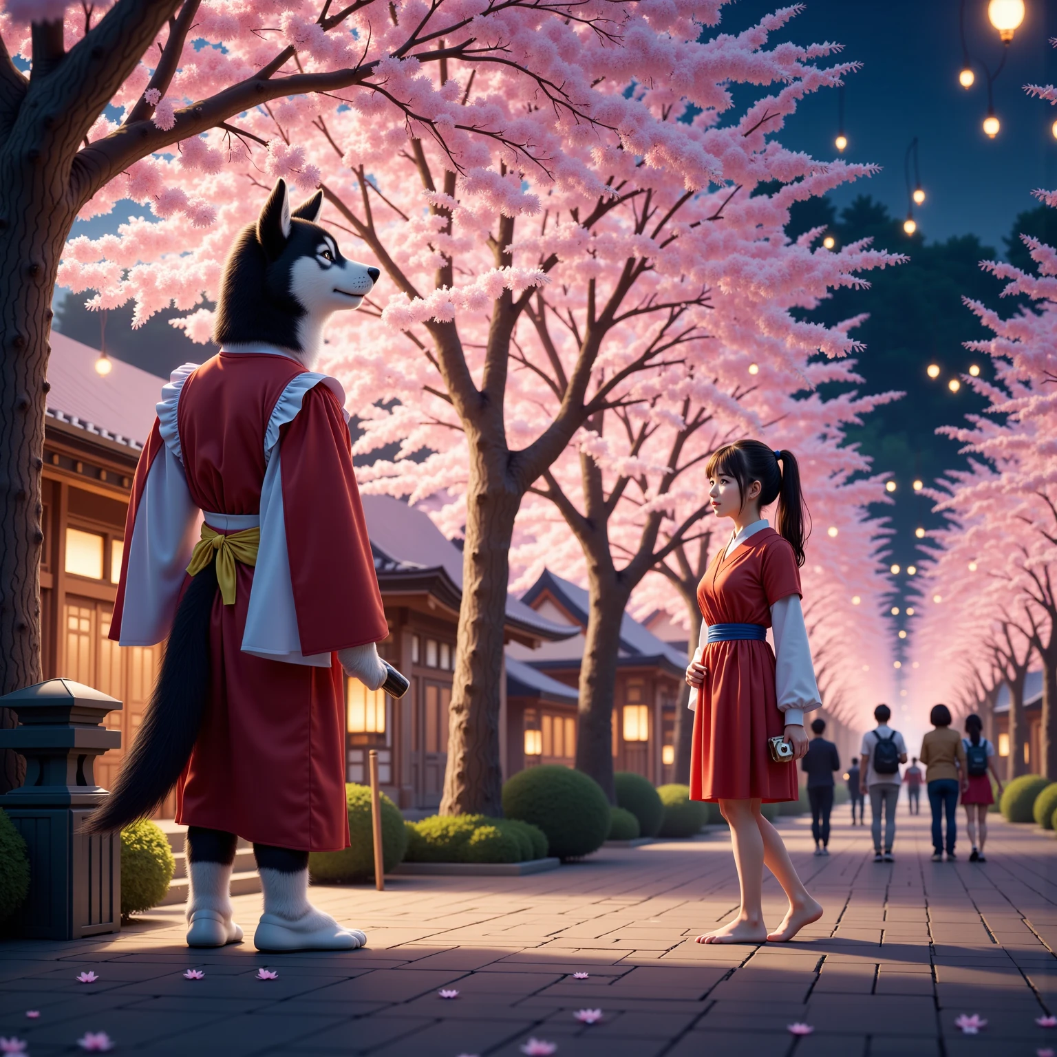 score_9 , score_8_up , score_7_up , score_6_up , score_5_up , score_4_up , source_realistic_pictures , Ultra-realistic , Photorealistic , Ultra-realistic , Photorealistic , Dramatic Scene , Global Illumination , At a Japanese shrine where the cherry blossoms are in full bloom, a huge black bean-shiba-inu-faced man dressed in a shrine maiden outfit looks up at the many cherry blossoms planted in the shrine while working part-time as a cleaner. He holds a bamboo broom in his front paws. The black bean-shiba-inu-faced man can walk on his hind legs like a human and lives like a human. / A cute 28-year-old Japanese woman with a ponytail is also wearing the same shrine maiden outfit as the black bean-shiba-inu-faced man, and is enjoying cherry blossom viewing while looking at the cherry blossoms while facing the same direction as the black bean-shiba-inu-faced man. At a shrine where the cherry blossoms are in bloom at night, paper lanterns are hung from the cherry trees in full bloom, and the cherry trees are brightly lit up here and there. A night cherry blossom festival is being held at a Japanese shrine surrounded by nature. People are taking part in the festival, people enjoying cherry blossom viewing, tourists admiring the cherry blossoms, and in the distance you can see a streetscape lined with lit windows.