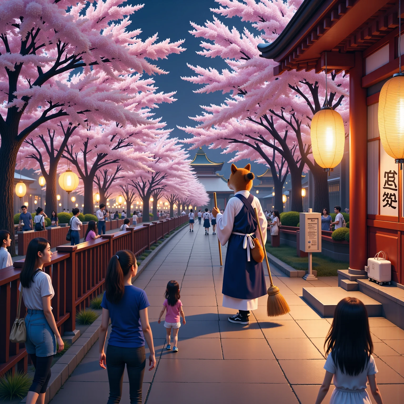 score_9 , score_8_up , score_7_up , score_6_up , score_5_up , score_4_up , source_realistic_pictures , Ultra-realistic , Photorealistic , Ultra-realistic , Photorealistic , Dramatic Scene , Global Illumination , At a Japanese shrine where the cherry blossoms are in full bloom, a huge black bean-shiba-inu-faced man dressed in a shrine maiden outfit looks up at the many cherry blossoms planted in the shrine while working part-time as a cleaner. He holds a bamboo broom in his front paws. The black bean-shiba-inu-faced man can walk on his hind legs like a human and lives like a human. / A cute 28-year-old Japanese woman with a ponytail is also wearing the same shrine maiden outfit as the black bean-shiba-inu-faced man, and is enjoying cherry blossom viewing while looking at the cherry blossoms while facing the same direction as the black bean-shiba-inu-faced man. At a shrine where the cherry blossoms are in bloom at night, paper lanterns are hung from the cherry trees in full bloom, and the cherry trees are brightly lit up here and there. A night cherry blossom festival is being held at a Japanese shrine surrounded by nature. People are taking part in the festival, people enjoying cherry blossom viewing, tourists admiring the cherry blossoms, and in the distance you can see a streetscape lined with lit windows.