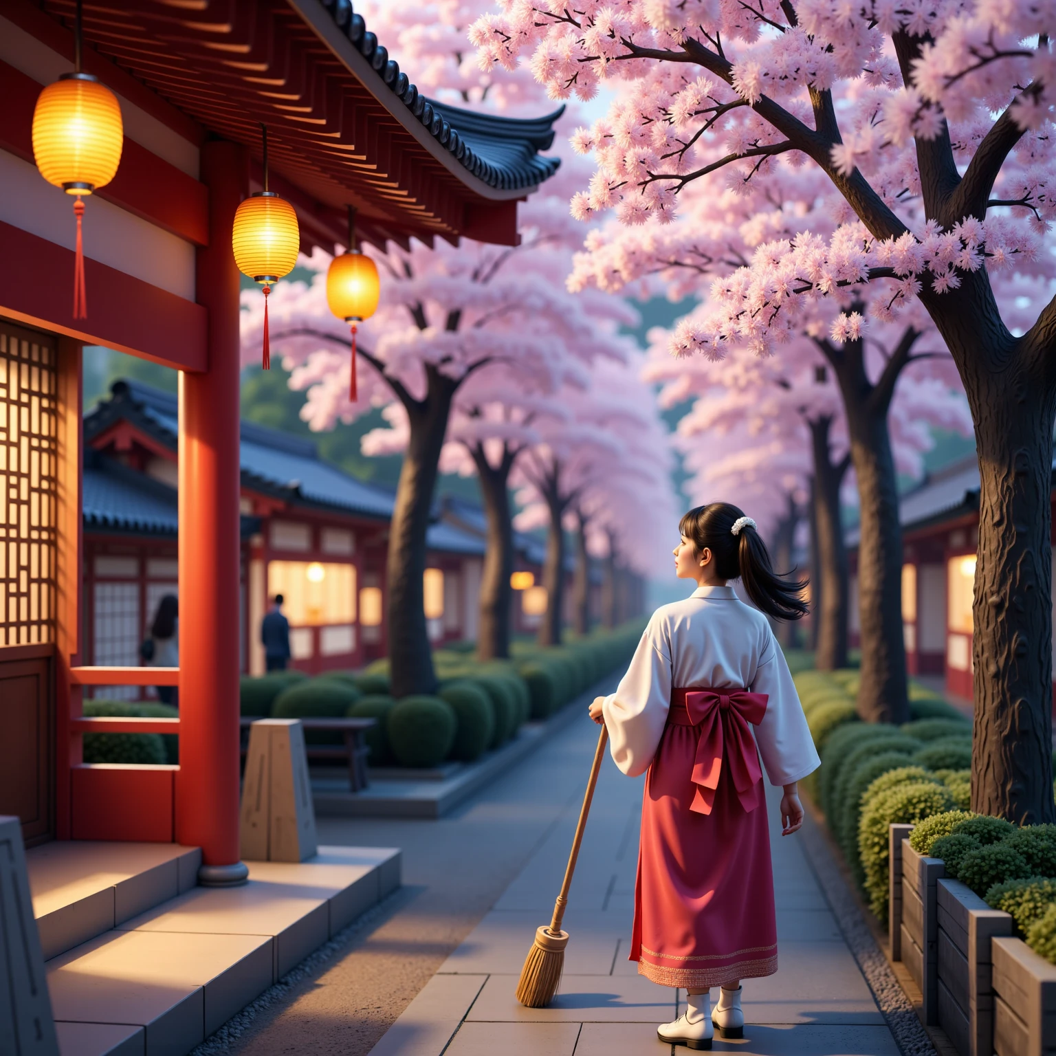 score_9 , score_8_up , score_7_up , score_6_up , score_5_up , score_4_up , source_realistic_pictures , Ultra-realistic , Photorealistic , Ultra-realistic , Photorealistic , Dramatic Scene , Global Illumination , At a Japanese shrine where the cherry blossoms are in full bloom, a huge black bean-shiba-inu-faced man dressed in a shrine maiden outfit looks up at the many cherry blossoms planted in the shrine while working part-time as a cleaner. He holds a bamboo broom in his front paws. The black bean-shiba-inu-faced man can walk on his hind legs like a human and lives like a human. / A cute 28-year-old Japanese woman with a ponytail is also wearing the same shrine maiden outfit as the black bean-shiba-inu-faced man, and is enjoying cherry blossom viewing while looking at the cherry blossoms while facing the same direction as the black bean-shiba-inu-faced man. At a shrine where the cherry blossoms are in bloom at night, paper lanterns are hung from the cherry trees in full bloom, and the cherry trees are brightly lit up here and there. A night cherry blossom festival is being held at a Japanese shrine surrounded by nature. People are taking part in the festival, people enjoying cherry blossom viewing, tourists admiring the cherry blossoms, and in the distance you can see a streetscape lined with lit windows.