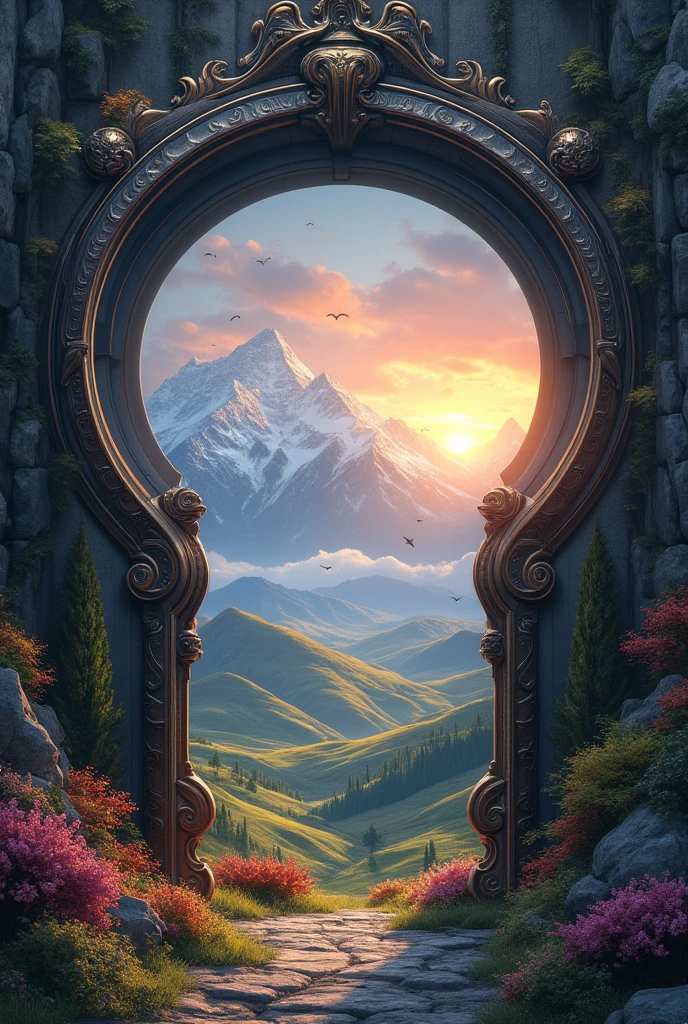 a huge keyhole and in it a landscape with a sunset and mountains