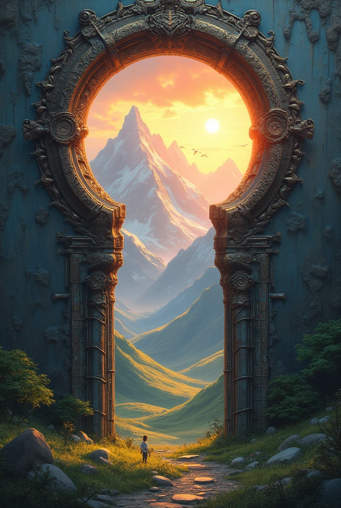 a huge keyhole and in it a landscape with a sunset and mountains