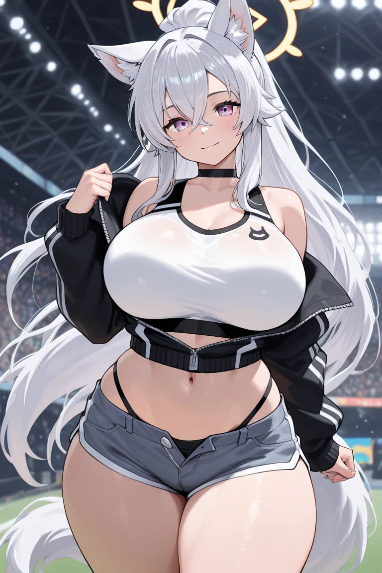 1girl, anime style, 2d, anime screencap, dark skin, dark-skinned female, white hair, long hair, large breasts, wide hips, thick thighs, shirt, sportswear, shy, sports bra, screencap, masterpiece