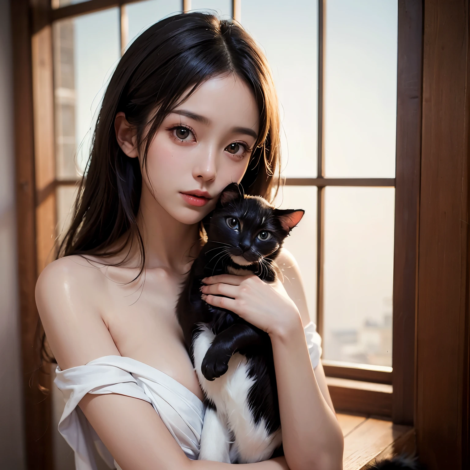 Leaning against the window, sad, Silver Hair, Hair bangs, Cat Ear Headband, Shiny Hair, Skin pores, Glowing Skin, naked, In the room, Rain outside the window, night, Lovely, beautiful