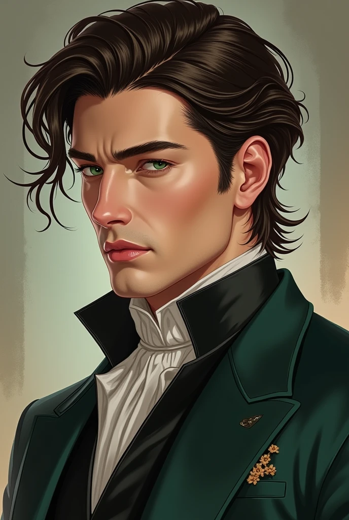 create a 27 year old man with korean Manhwa style with a bit of realistic and sharp features with dark brown hair with green emerald eyes wearing a suit and vest because he is a duke and his hair elegantly pushed back with a clean cut his skin light that looks dominating and muscular with cold look in his eyes Highly detailed and polished, typical of modern Korean manhwa covers.
The illustration has a luxurious, painterly quality with soft lighting and subtle glows that enhance the romantic fantasy feel.