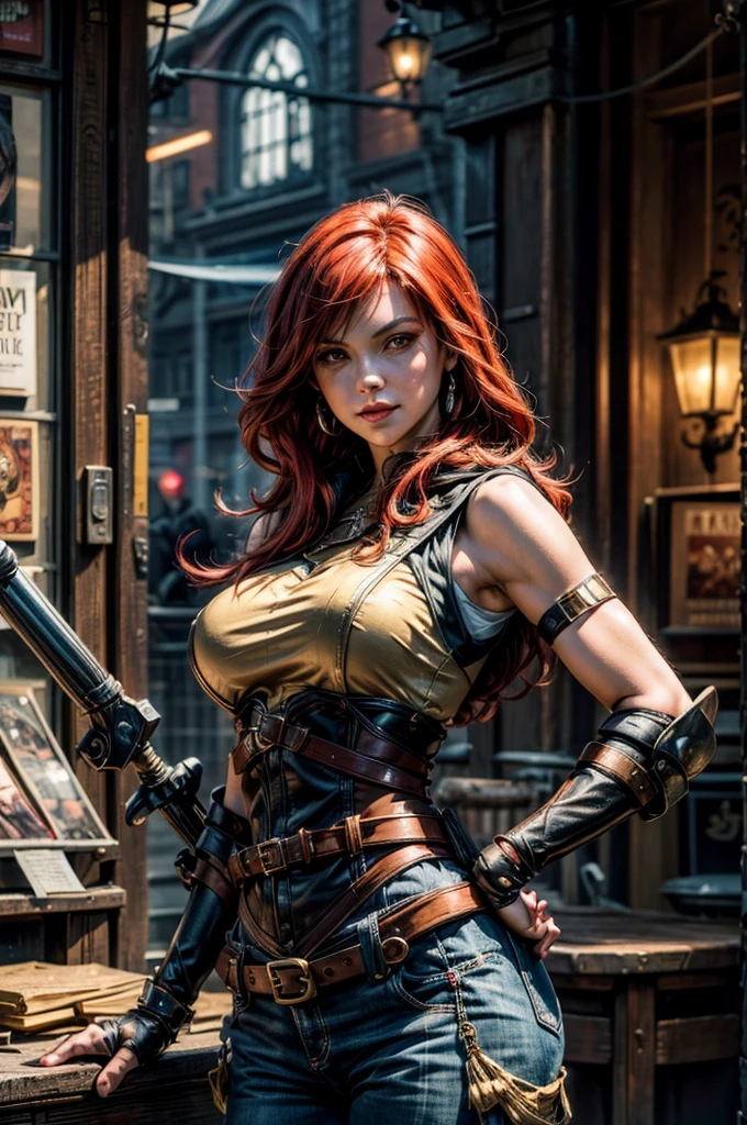 Red hair, green eyes, cowboy hat, leather jacket, a woman in a hat and coat holding a hand gun, a character portrait by senior character artist, holography, steampunk, unreal engine 5, concept art, Concept art by senior character artist, official art, full body head to toe in frame pose, 32CC Breasts, athletic body build