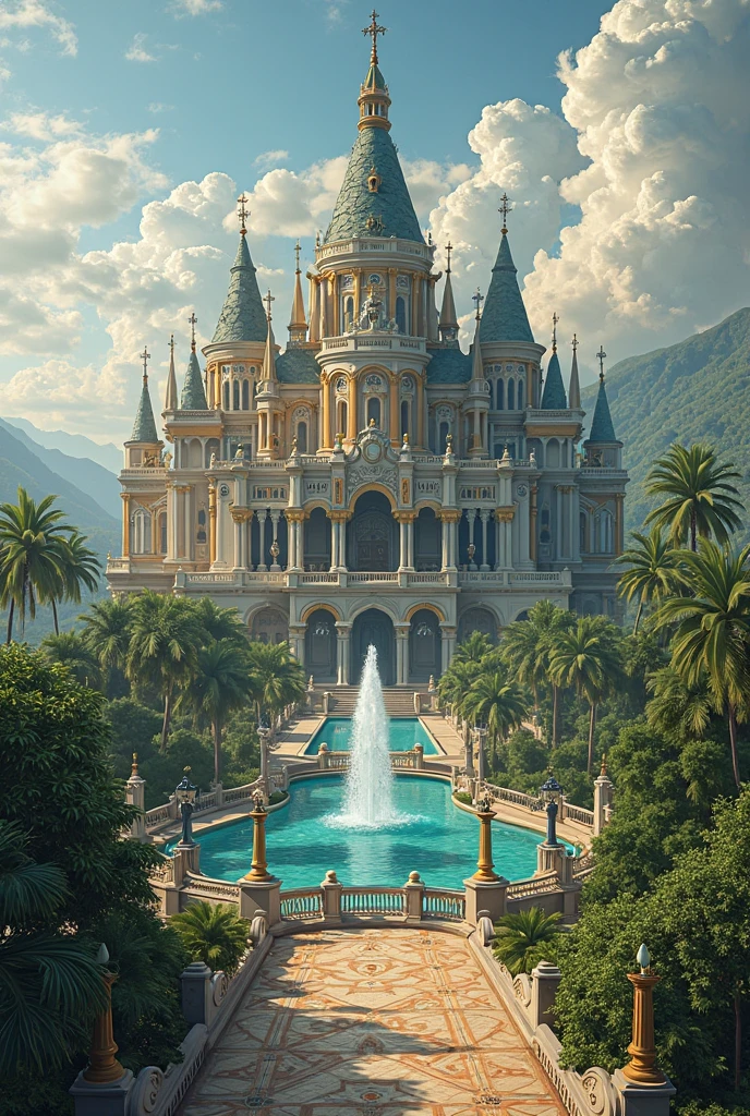 portray an incredibly majestic, huge, beautiful, beautiful and heavenly castle-palace. He is incredibly beautiful, huge и идеальный, place it in an incredibly beautiful tropical town, and the incredibly beautiful megacities of the future are on the horizon. This castle palace would be just perfect, contain an incredible number of the most beautiful and diverse statues. The castle will be built using the most precious stones in the world:  gold, diamonds, emeralds, diamonds everywhere and more. The most beautiful and heavenly fountains will be everywhere, Statues, towers, waterfalls, gardens, parks, Houses, buildings and so much more. This castle palace will be the best, the biggest and richest