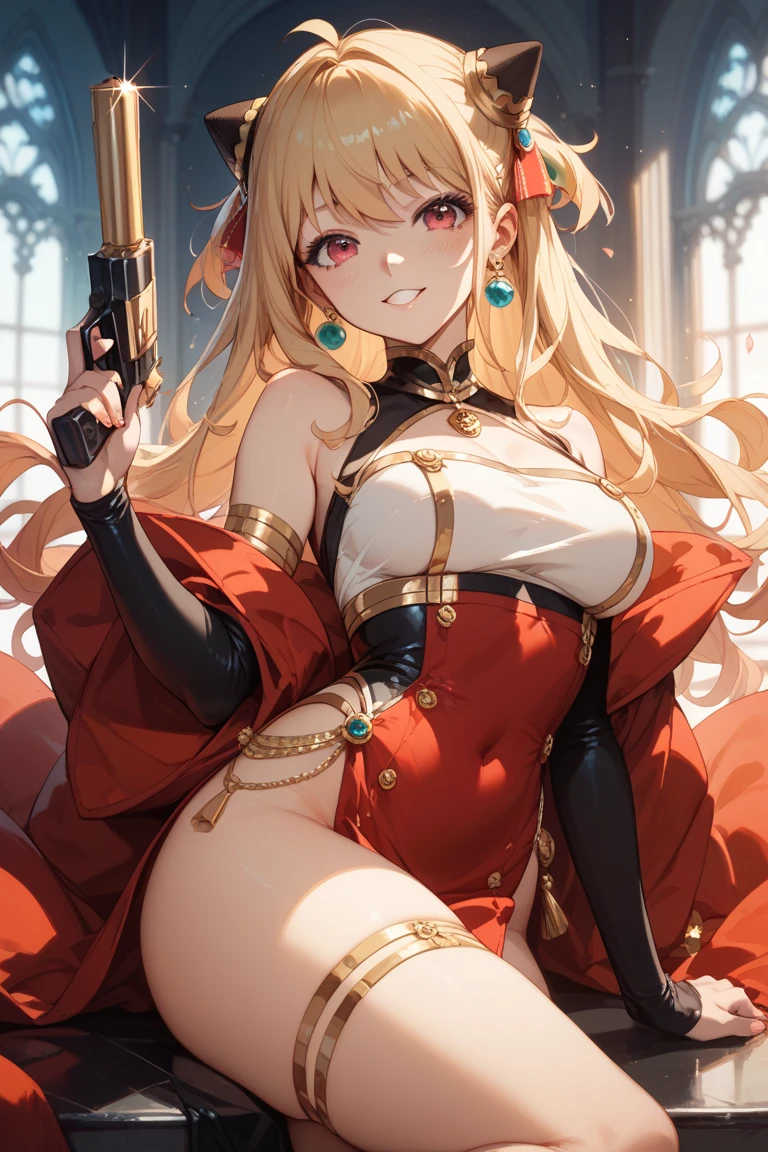female, robot, white and black steampunk attire, red eyes, blond hair