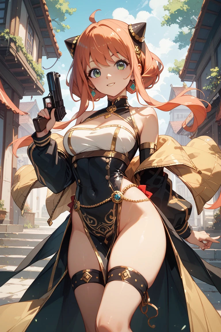 1girl, solo, masterpiece, best quality, black leotard, (long sleeves, pirate costume, pirate hat, pirate boots), body infused with electricity, lighting, particles, redhead, green eyes, blue aura, energy field, full body shot, depth of field, looking at viewer, spread arms, bare legs, medium breasts, bob hair, short hair, perfect anatomy, perfect hands, tall body, tight belt
