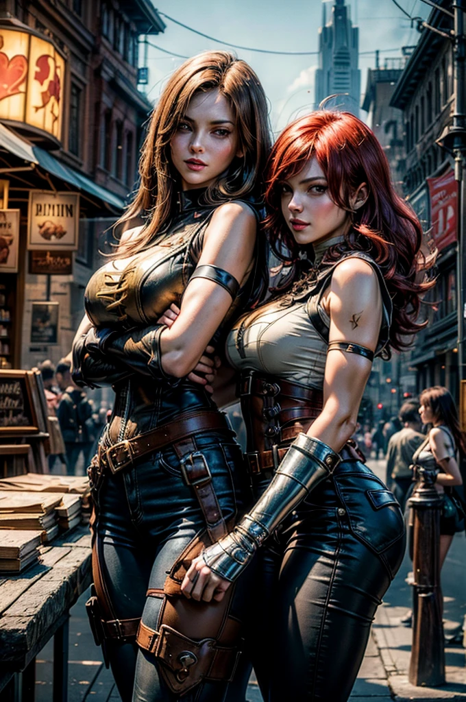 beautiful female face, wearing a steampunk sailor outfit, gorgeous green eyes, red hair intricate, cleavage, soft lips, smiling, naughty, seductive glance, side boob, San Francisco golden gate bridge in the background, cyberpunk art ultrarealistic 8k, octane cgsociety, made in unreal engine 5, (best quality,ultra - detailed, Illustration,Best shadow,masterpiece,A high resolution,professional artwork,famous artwork