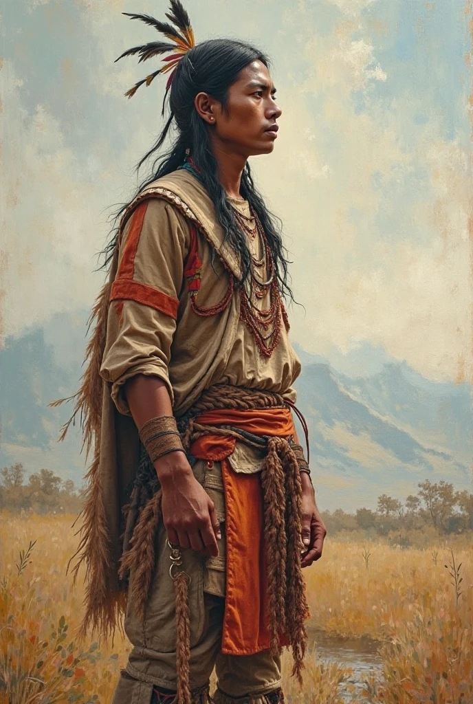 oil color painting of a young native man seen from a distance wearing traditional clothes 