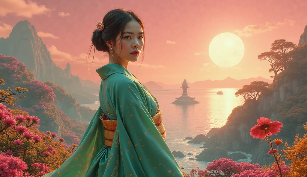 A beautiful Japanese woman in a traditional emerald kimono stands on the Venus moon. Looking directly at the camera. The face is occupied by 1/3 pictures . It is surrounded by lush alien vegetation with bright colors in full bloom. In the distance, a calm sea shimmers under a golden pink sky, spaceship and forerunner buildings. The landscape is surreal and breathtaking, combining Japanese elegance with a sci-fi environment, inspired by Venus. soft lighting, high detail,  dreamy ,  sexy atmosphere .