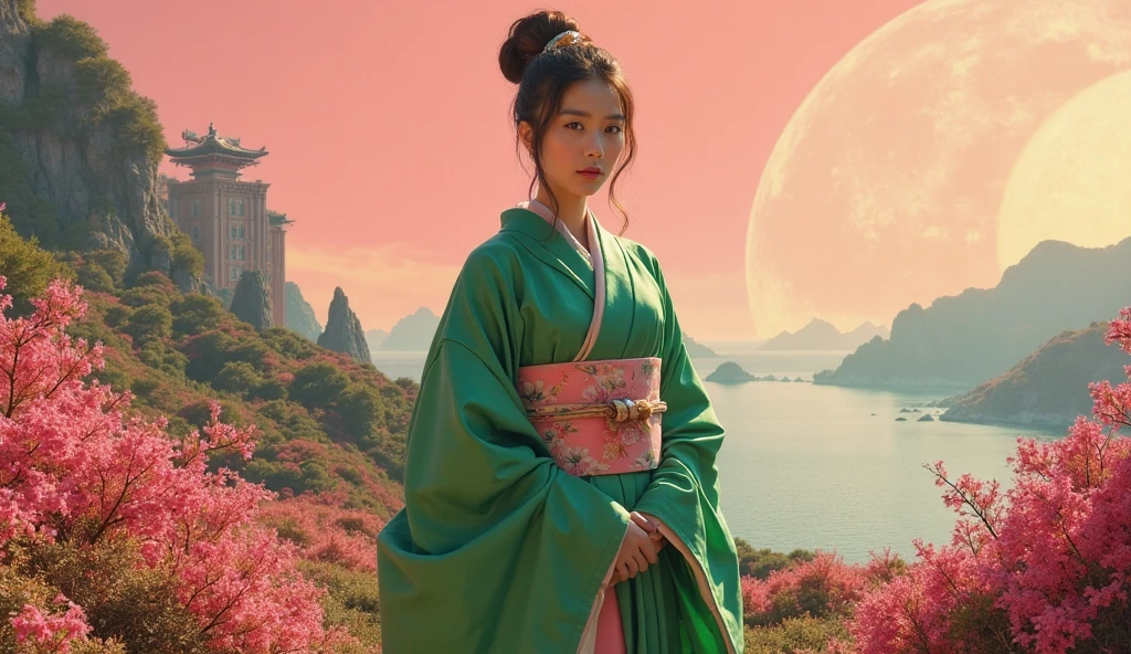 A beautiful Japanese woman in a traditional emerald kimono stands on the Venus moon. Looking directly at the camera. The face is occupied by 1/3 pictures . It is surrounded by lush alien vegetation with bright colors in full bloom. In the distance, a calm sea shimmers under a golden pink sky, spaceship and forerunner buildings. The landscape is surreal and breathtaking, combining Japanese elegance with a sci-fi environment, inspired by Venus. soft lighting, high detail,  dreamy ,  sexy atmosphere .