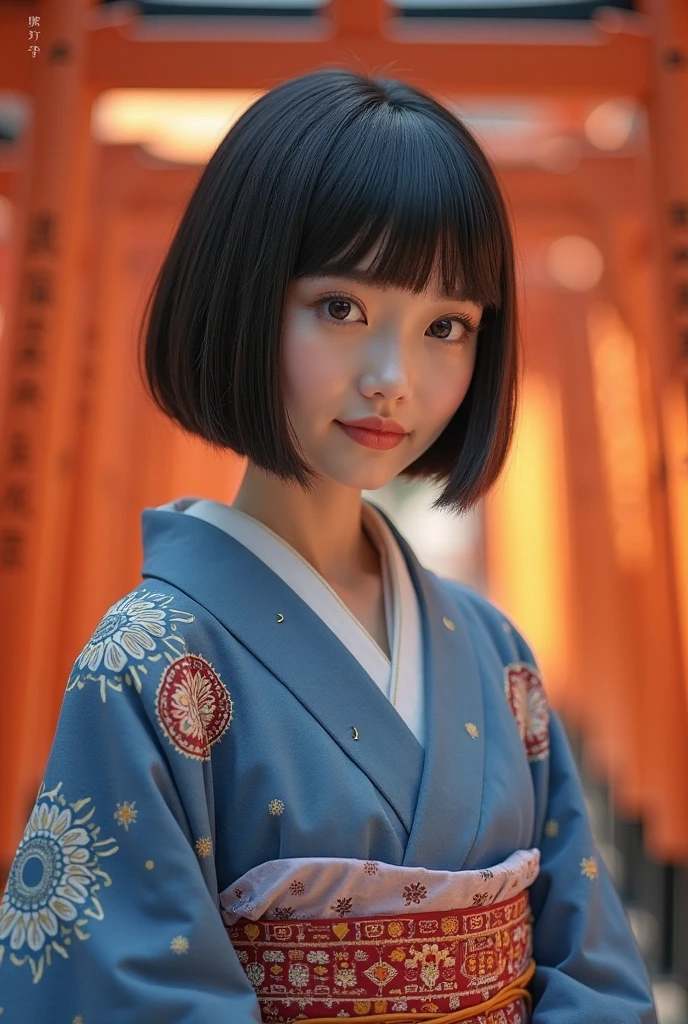 (top quality,4K,8k,high resolution,masterpiece:1.2),very detailed,(realistic,photorealistic,photo-realistic:1.37),Maiko,（full body）、Textured Straight Ultra Short Bob Haircut、Nipples、 small 、frosty gaze with a happy face、perfect anatomy、depth of field、blue kimono with mandala、Kyoto、Thousand Torii Gates、colorful、Black and White
