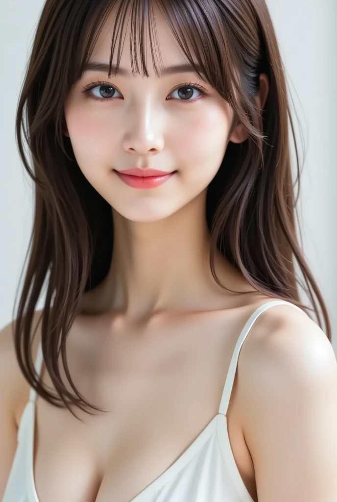 (highest quality、Tabletop、8k、Best image quality、Award-winning works)、One girl、(14 years old:1.1)、(Elegant peplum:1.1)、Cleavage、A smile looking at me、(Closed lips:1.1)、Accurate anatomy、(Pure white background:1.2)、Close-up of face、Portrait Photo、standing elegantly、Upper body photo、Glowing Skin、Looking up at me with eyes