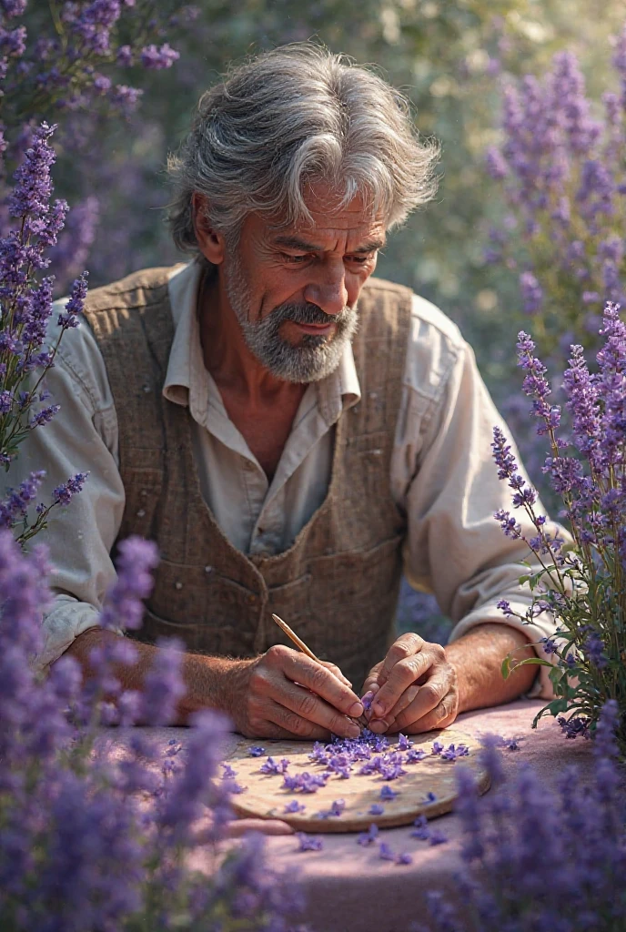 Picture of a craftsman in lavender olive flowers in a romantic style title Violet 