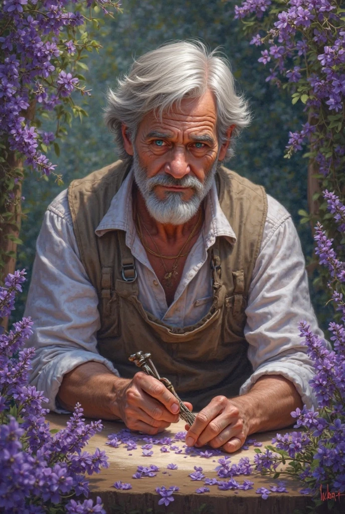 Picture of a craftsman in lavender olive flowers in a romantic style title Violet 