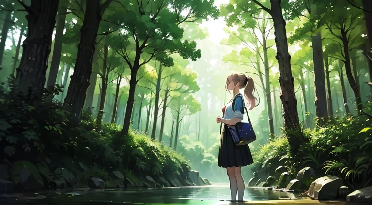 A girl with a ponytail, wearing a Japanese high school uniform, standing in a forest. Sunlight filters through the trees, and the sound of a gentle stream can be heard. The scene is viewed from a low angle.