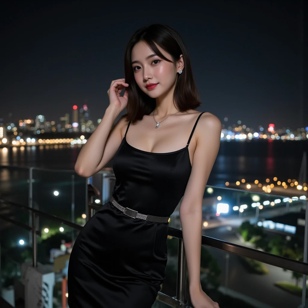 Selfie, Sharp focus: 1.2, Cute beautiful woman with perfect body: 1.4, Slim small breasts: 1.2, ((Brown hair dark, small breasts: 1.2)) , (small transparent dress, half naked, highly detailed breasts, Happy expression, Standing: 1.2), ((Night view of the city with rain, Balcony simple: 1.3 making with the female being the main focus)), Highly detailed face and skin texture, Detailed eyes, Double eyelid, legs, heels, stockings