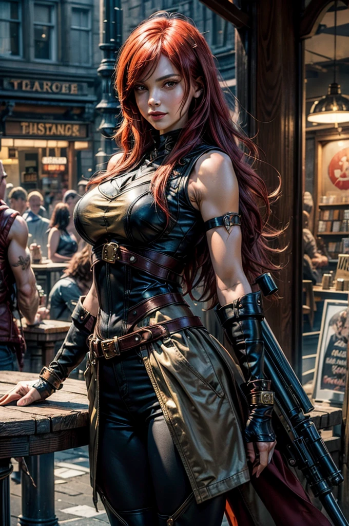 masterpiece, best quality, highres, erza scarlet, fairy tail, smile, long hair , red hair , hair over one eye , brown eyes , large breasts , black cropped t-shirt, black leggings, leather corset, gauntlets, decorated leg plates , brown elbow-pads, ((short red hooded sleeveless jacket with gold details)), shoulder armor, straps, holding weapon, lance, standing outside bookshop,  dieselpunk city , city center, 1950's design cars, crowd in dieselpunk fashions,   cowboy shot, looking at viewer, masterpiece,stunning girlfriend, heart shaped face, elegant face, beautiful face, highly detailed face, highly detailed skin, skin pores, subsurface scattering, realistic pupils, looking at viewer, full lips, detailed background, depth of field, atmospheric perspective, volumetric lighting, sharp focus, absurdres, realistic proportions, good anatomy, (realistic, hyperrealistic:1.4), 16k hdr,